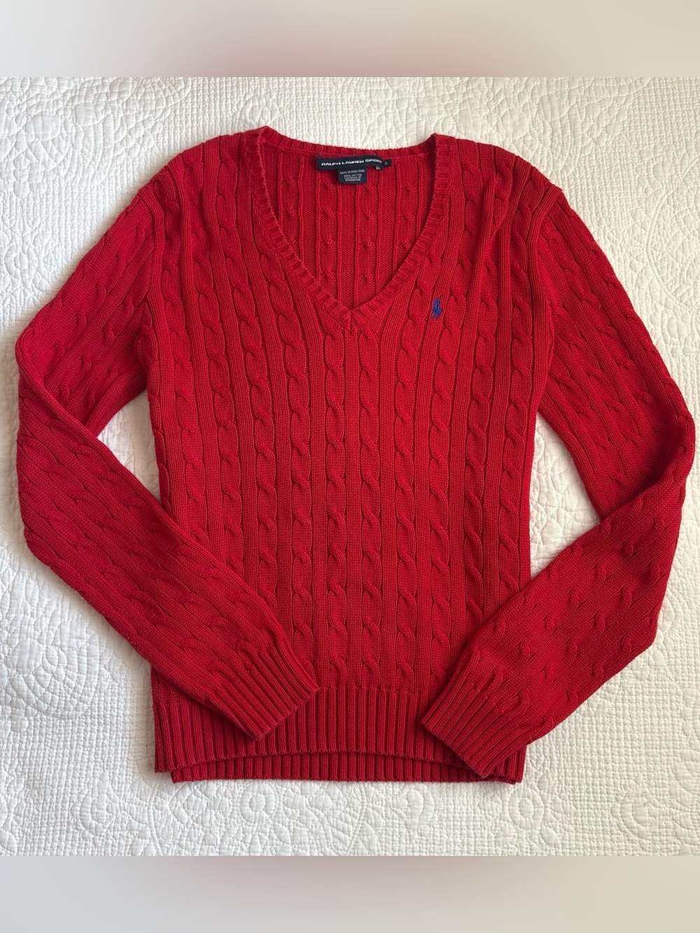 Ralph Lauren Polo Cable-Knit V-Neck Fitted Sweater
